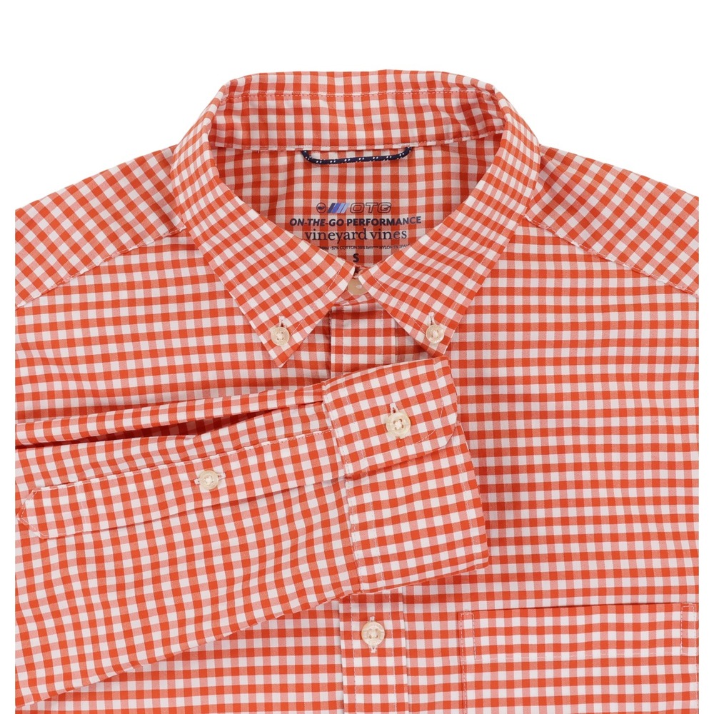 Vineyard Vines Shirt Mens Small Orange Check On The Go Performance Long Sleeve
